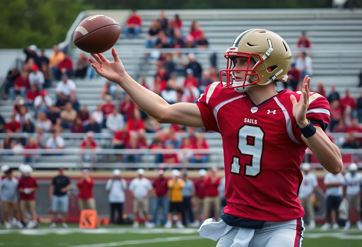 Quarterback throwing a pass during a high school football game