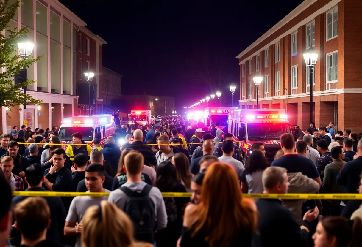 Crowd of university students reacting to a shooting incident.