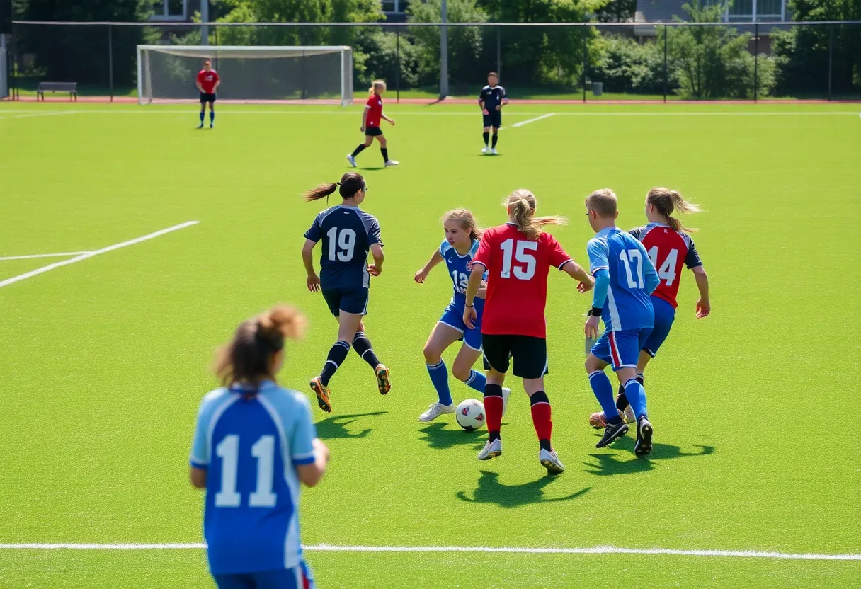 Wade Hampton players in action during soccer match against Greenwood