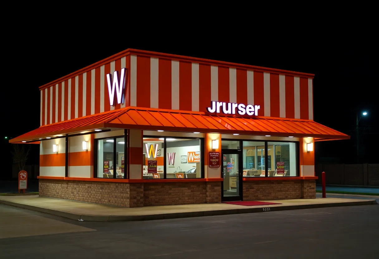 Exterior view of a newly opened Whataburger restaurant at night