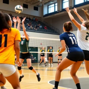 WSSU volleyball players competing on the court during a match
