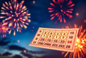 Colorful lottery ticket with numbers and fireworks