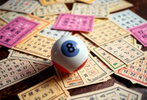Colorful lottery tickets and balls on a table