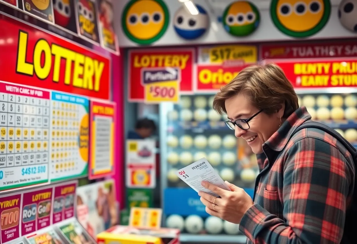 A bustling lottery ticket shop filled with colorful lottery tickets and promotional materials.