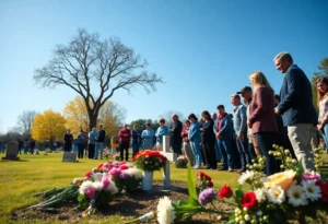 Community members gathering at a cemetery for a tribute.