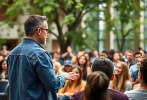 Cameron Dorn speaking to university students about adventure and personal growth.