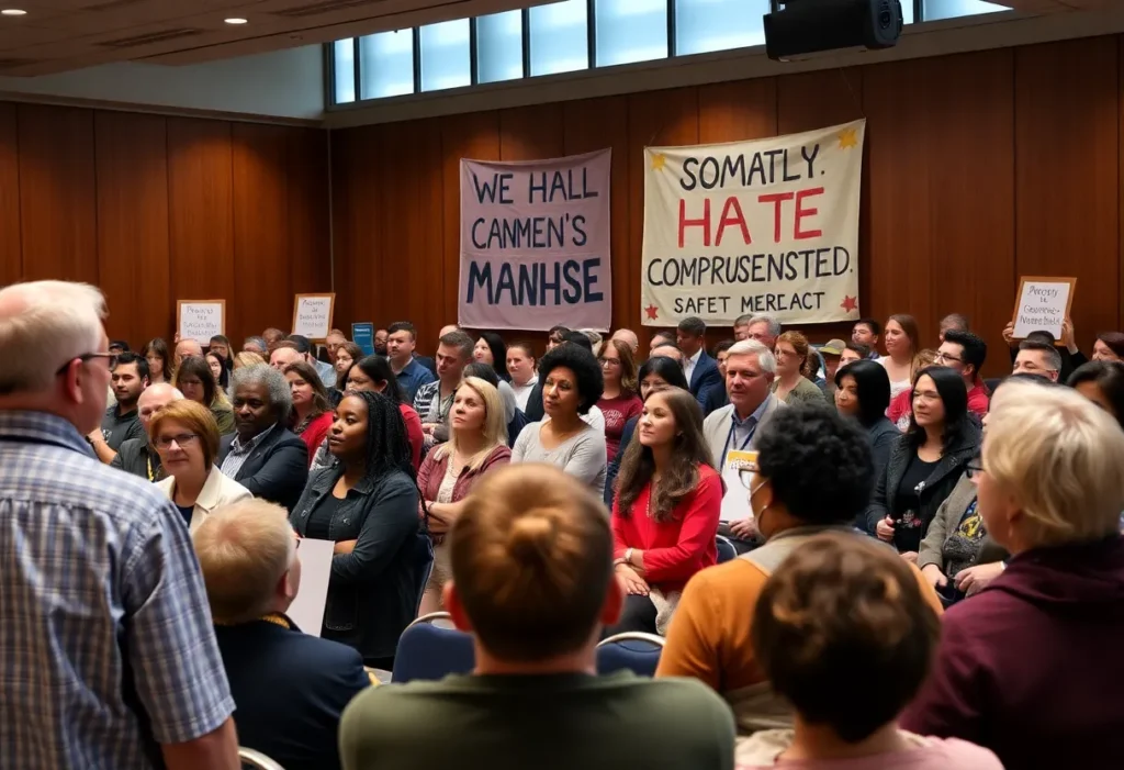 Community meeting focusing on hate crime prevention and inclusivity efforts.
