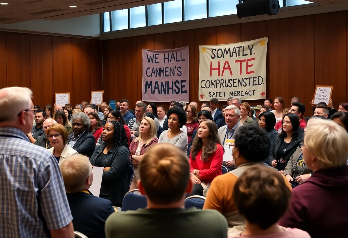 Community meeting focusing on hate crime prevention and inclusivity efforts.