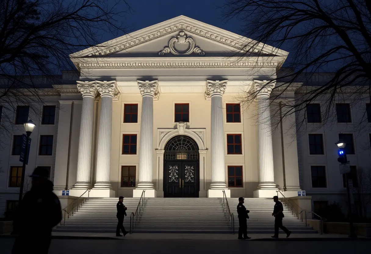 Exterior view of a courthouse with police presence in Calhoun Falls