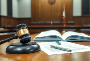 Courtroom scene depicting legal proceedings