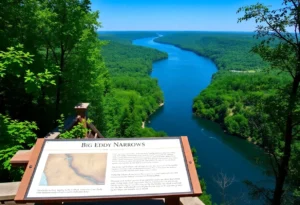 A picturesque view of the Delaware River showcasing the Big Eddy Narrows region.