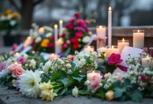Tributes and flowers at a memorial service for Derrick Tracy Sloan