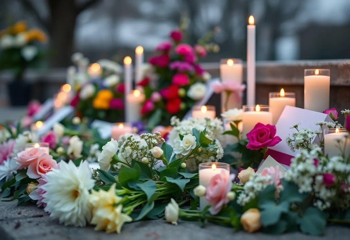 Tributes and flowers at a memorial service for Derrick Tracy Sloan