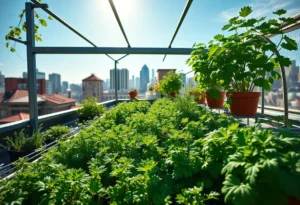 Rooftop greenhouse filled with herbs and vegetables