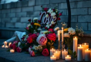 Memorial setting with flowers and candles