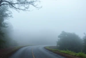 Dense fog over a road in South Carolina