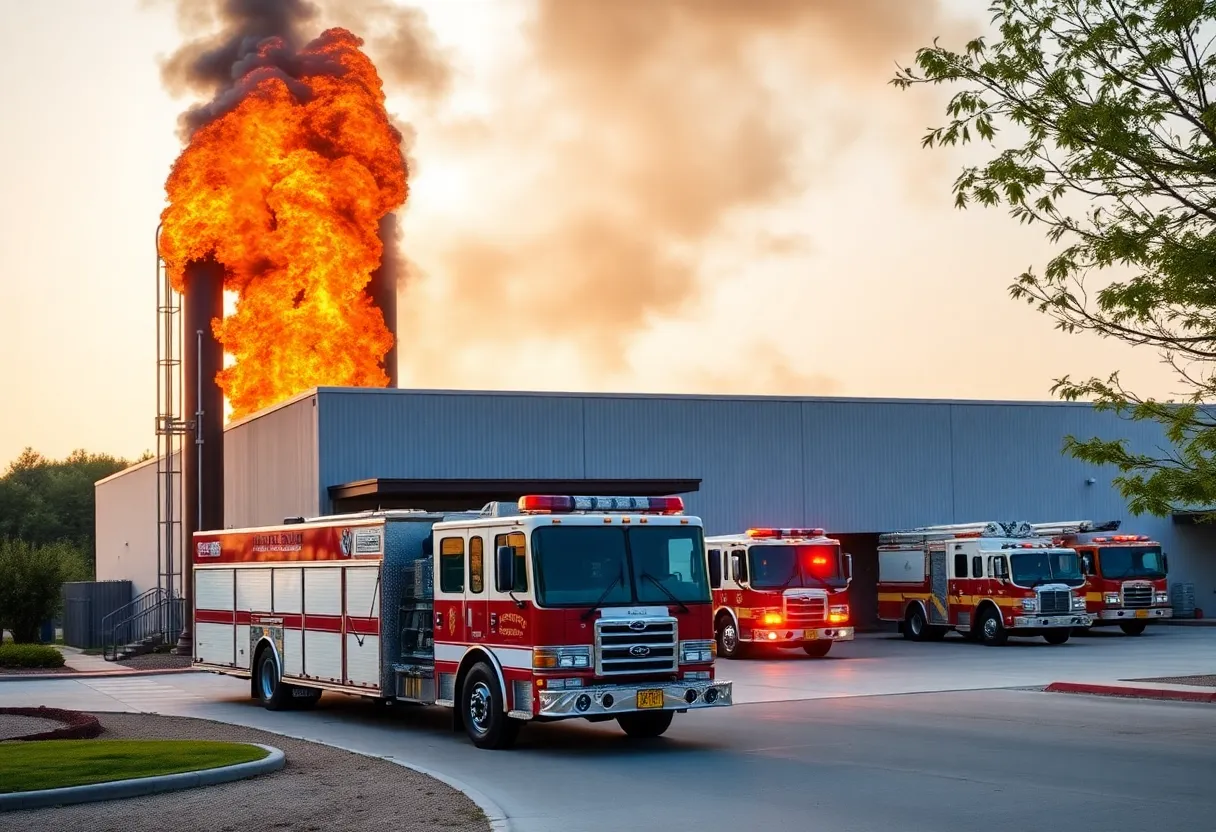 A view of the new public safety training center in Greenwood County with a burn tower and emergency vehicles.