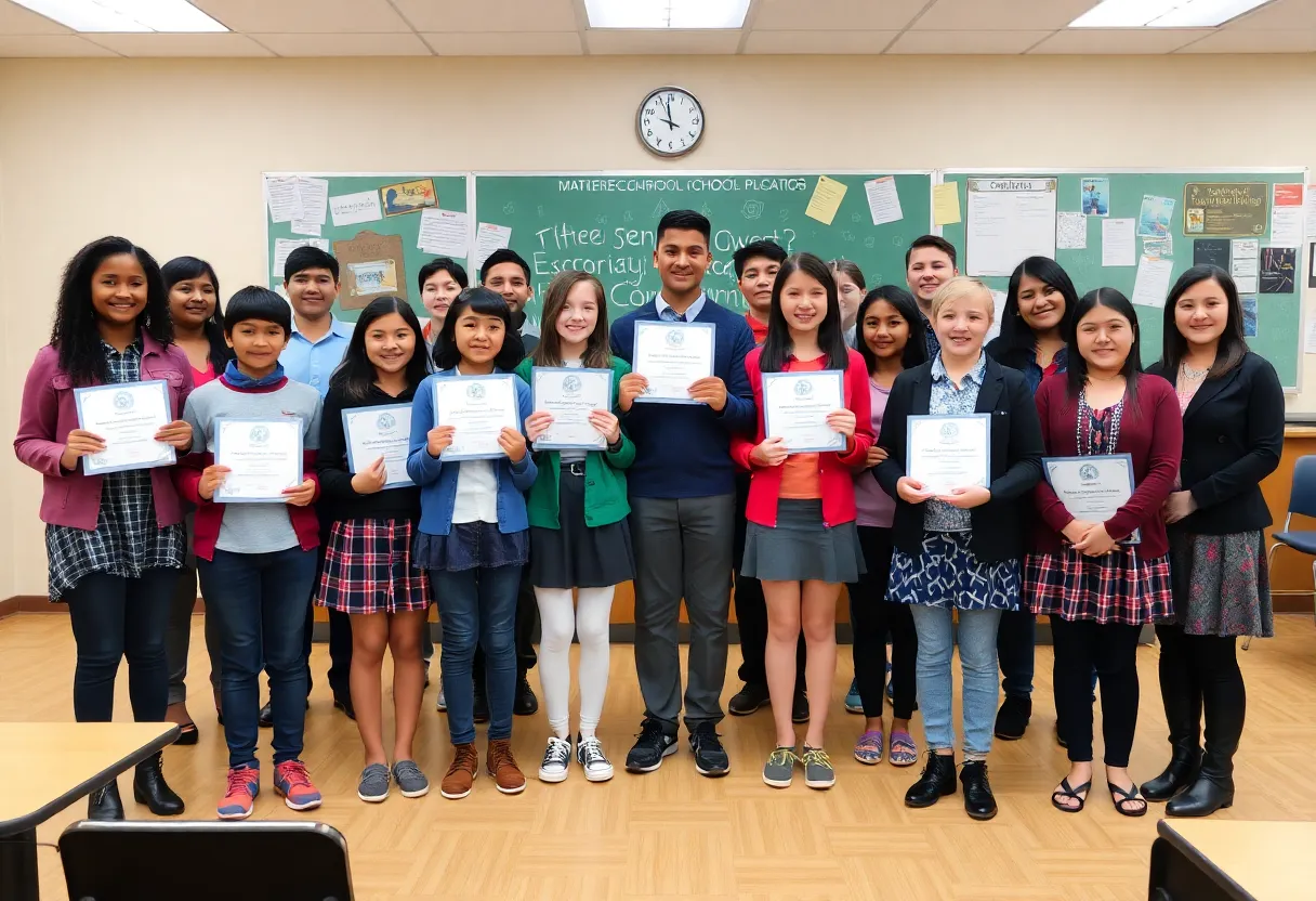 Students and teachers celebrating achievements at Greenwood District 50 board meeting.