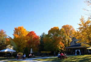 Autumn scene in Greenwood, SC with clear skies and vibrant trees