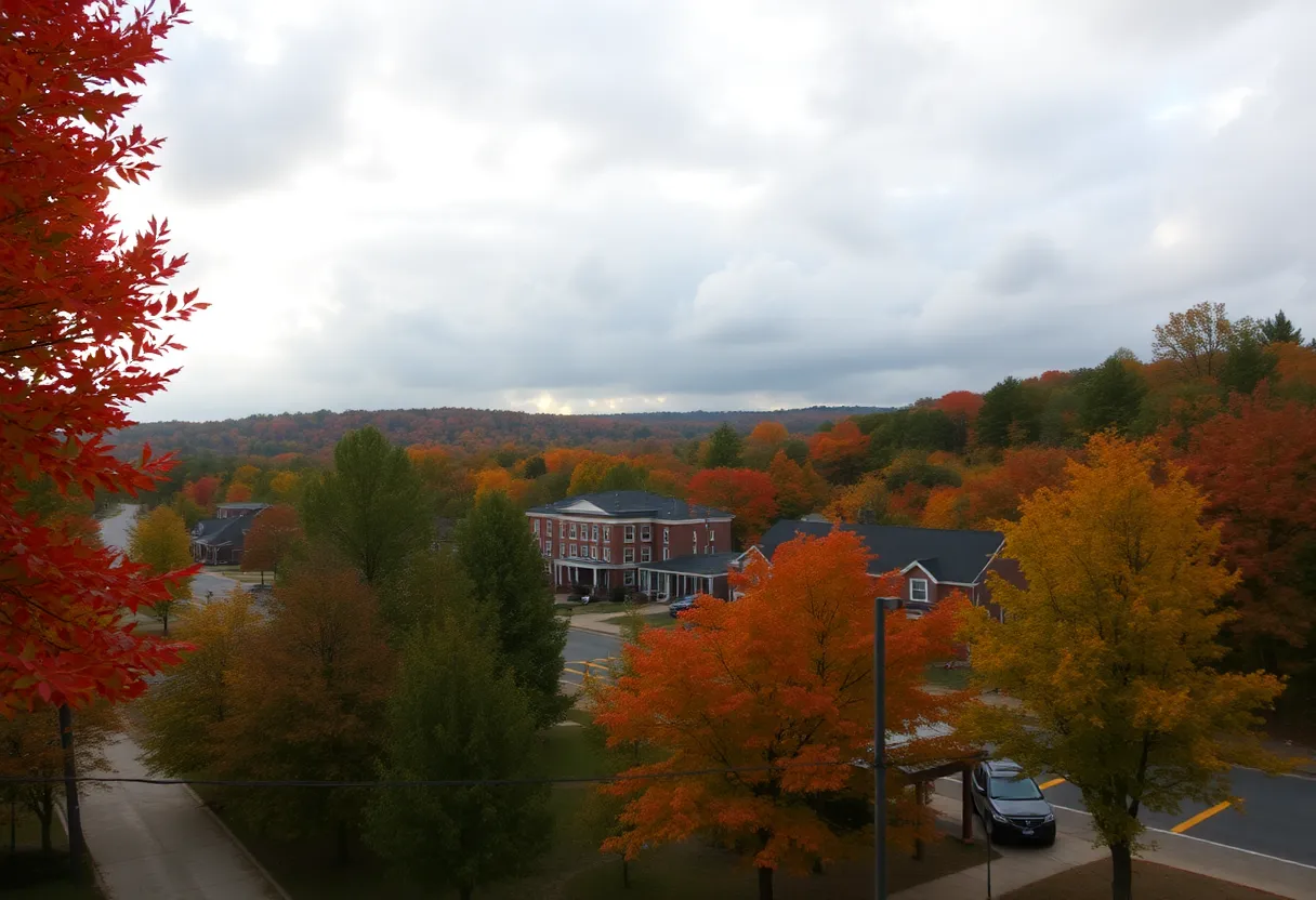 Autumn scene in Greenwood, SC with cloudy skies and colorful leaves