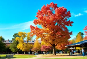People enjoying a sunny day outdoors in Greenwood SC with fall colors.