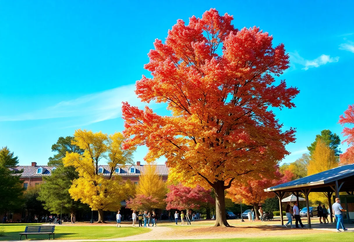 People enjoying a sunny day outdoors in Greenwood SC with fall colors.