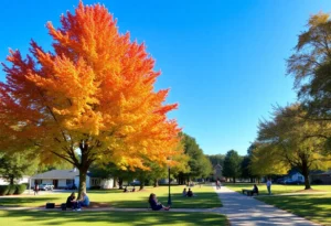 Sunny outdoor scene in Greenwood SC with autumn trees and people