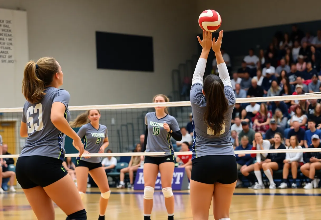 Greenwood High School volleyball team in action during a match.