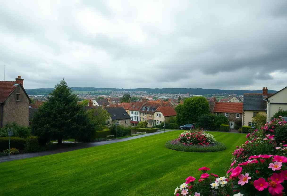 A cloudy and rainy day in Greenwood, highlighting green lawns and flowers.