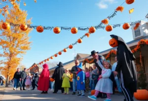 Families celebrating Halloween in Greenwood SC under clear skies.