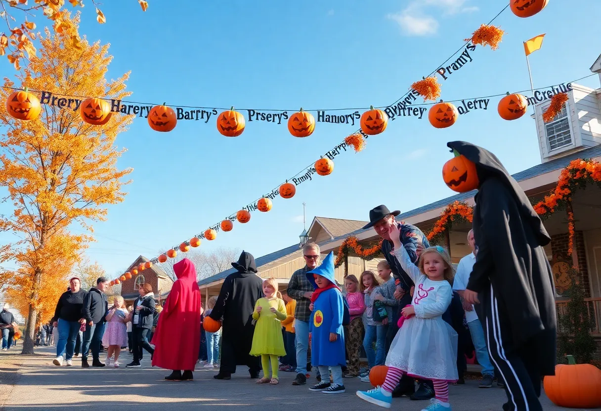 Families celebrating Halloween in Greenwood SC under clear skies.