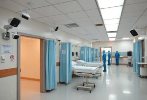 Images of hospital safety protocols including surveillance cameras