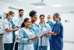 Healthcare professionals working together in a hospital.
