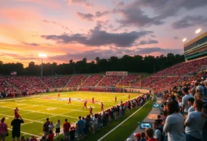 A high school football game in action with cheering fans and players on the field.