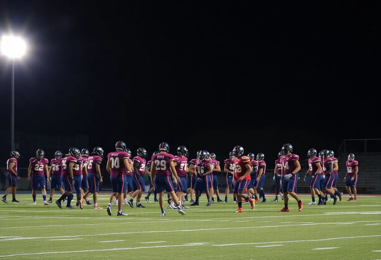 High school football teams practicing on the field