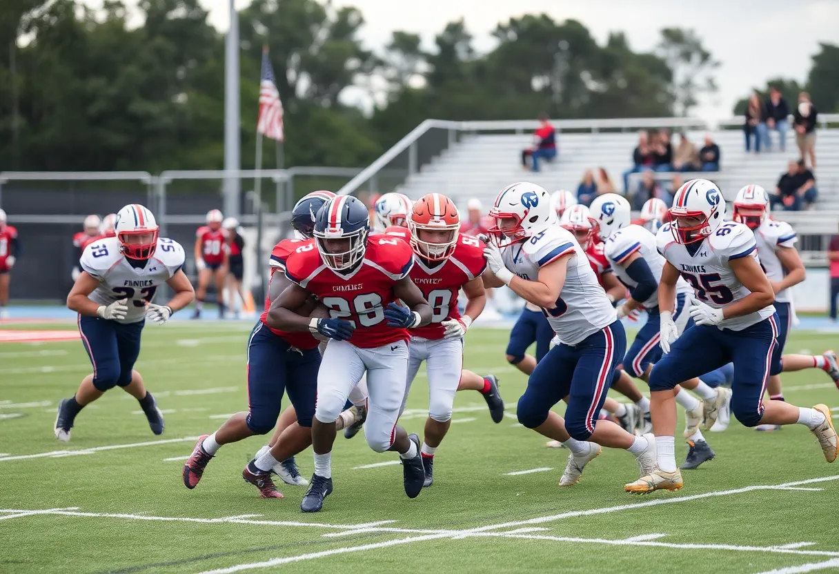 High school football players in action during a game in South Carolina.