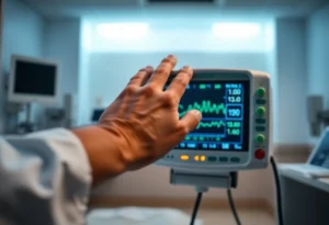 A medical professional's hand adjusting hospital equipment in a patient care setting.