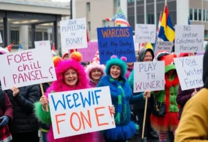 Participants at the No Kings protest in Juneau holding signs and wearing costumes