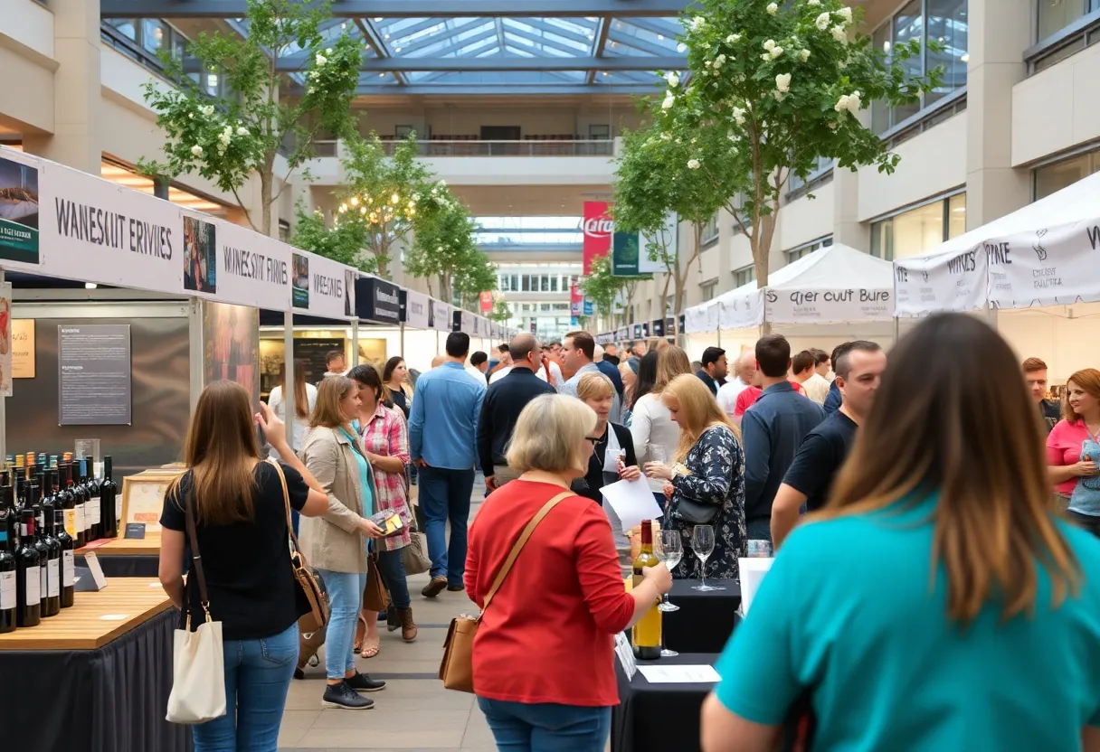 Attendees engaging at the Lakelands Business Expo with local vendors in Greenwood.