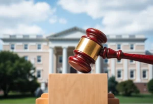 Abstract representation of a gavel and university campus