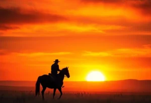 Poster for the film Long Shadows featuring a rider in a western landscape.