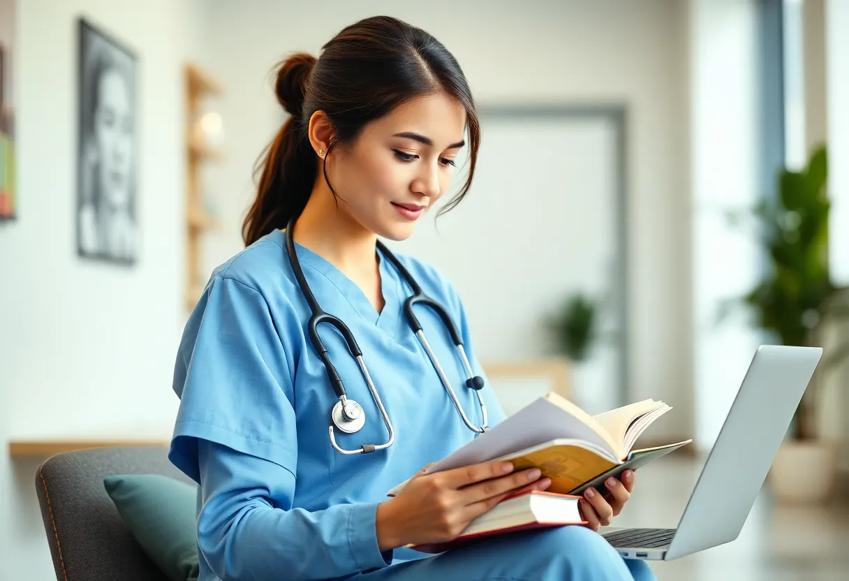 A dedicated nursing student studying with books and a laptop