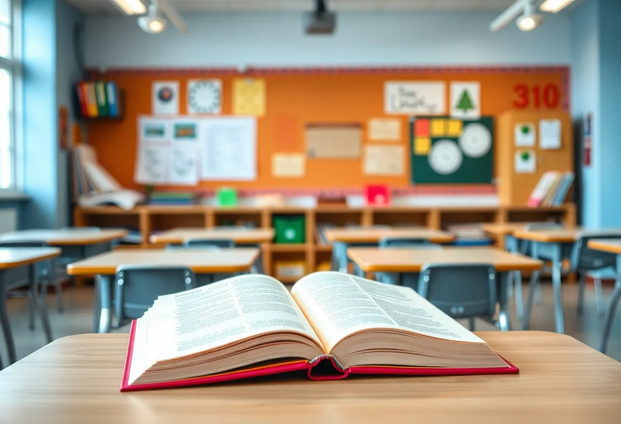 Classroom with open textbook and educational materials