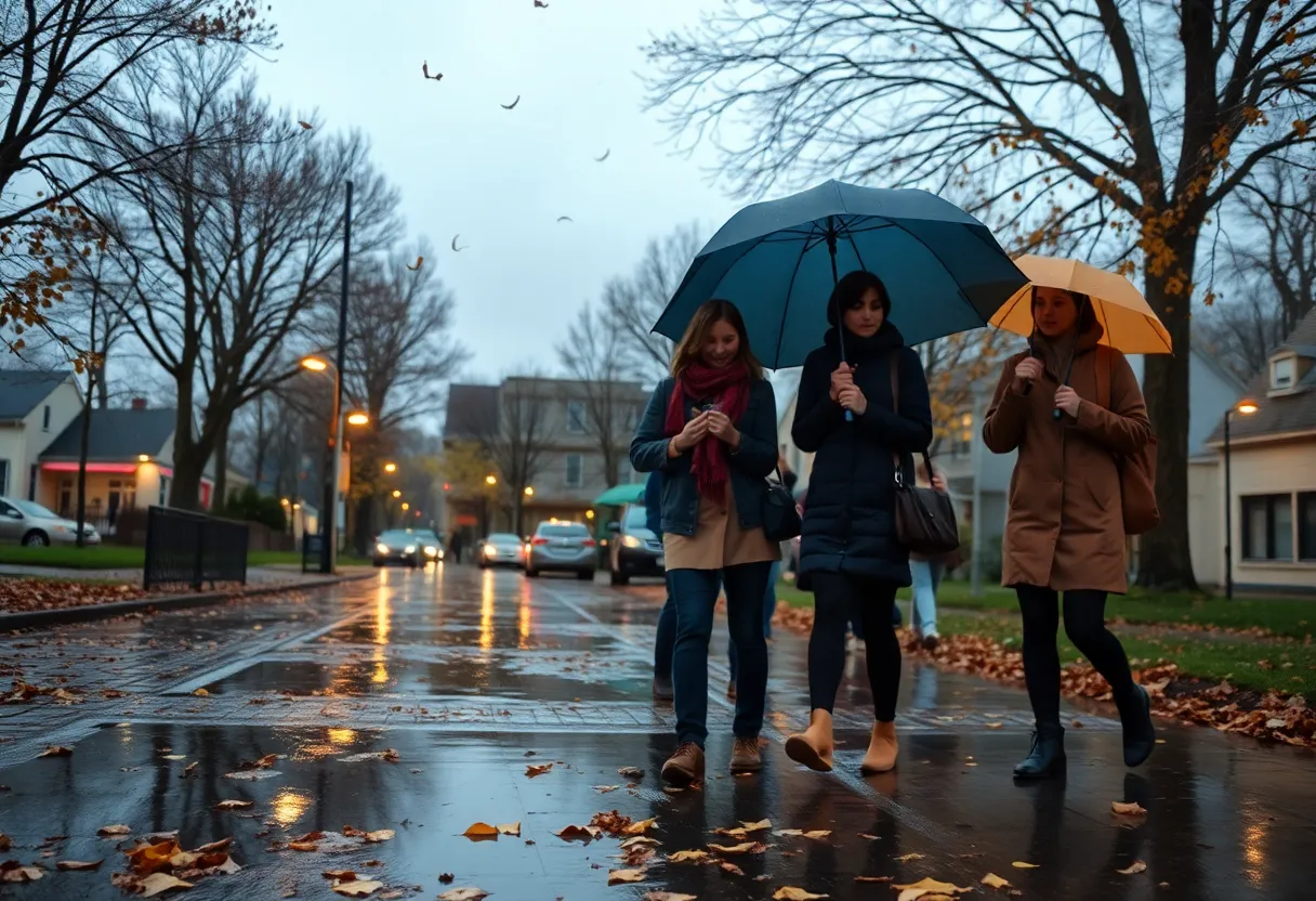 Cozy rainy day scene in Greenwood with overcast skies and colorful autumn leaves.