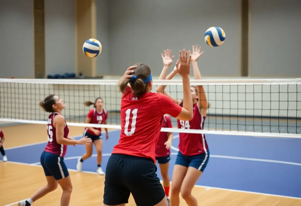 Players from Rock Hill Bearcats and Greenwood Eagles during a volleyball match