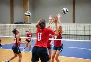 Players from Rock Hill Bearcats and Greenwood Eagles during a volleyball match