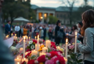 Candles and flowers laid out on a university campus in memory of a shooting victim during homecoming.