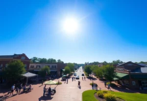 A sunny day in Greenwood, SC with clear skies and people enjoying outdoor activities.