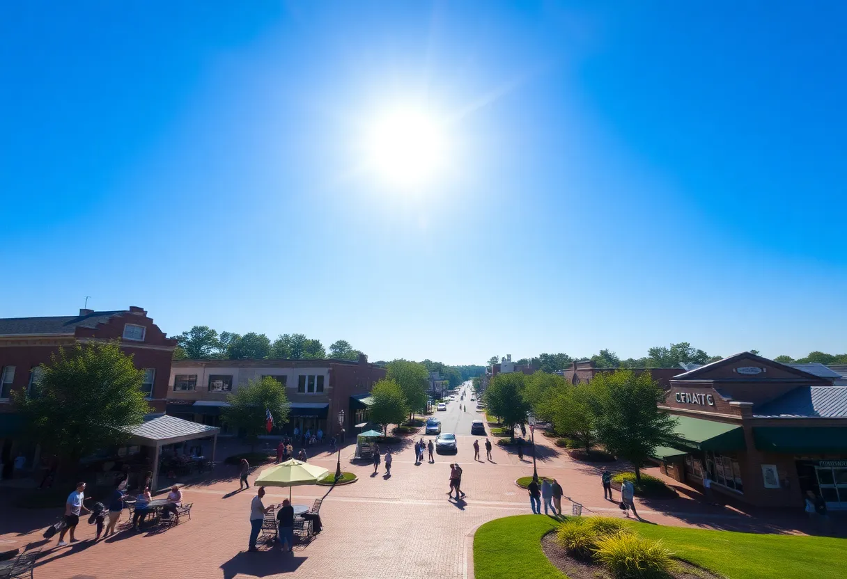 A sunny day in Greenwood, SC with clear skies and people enjoying outdoor activities.