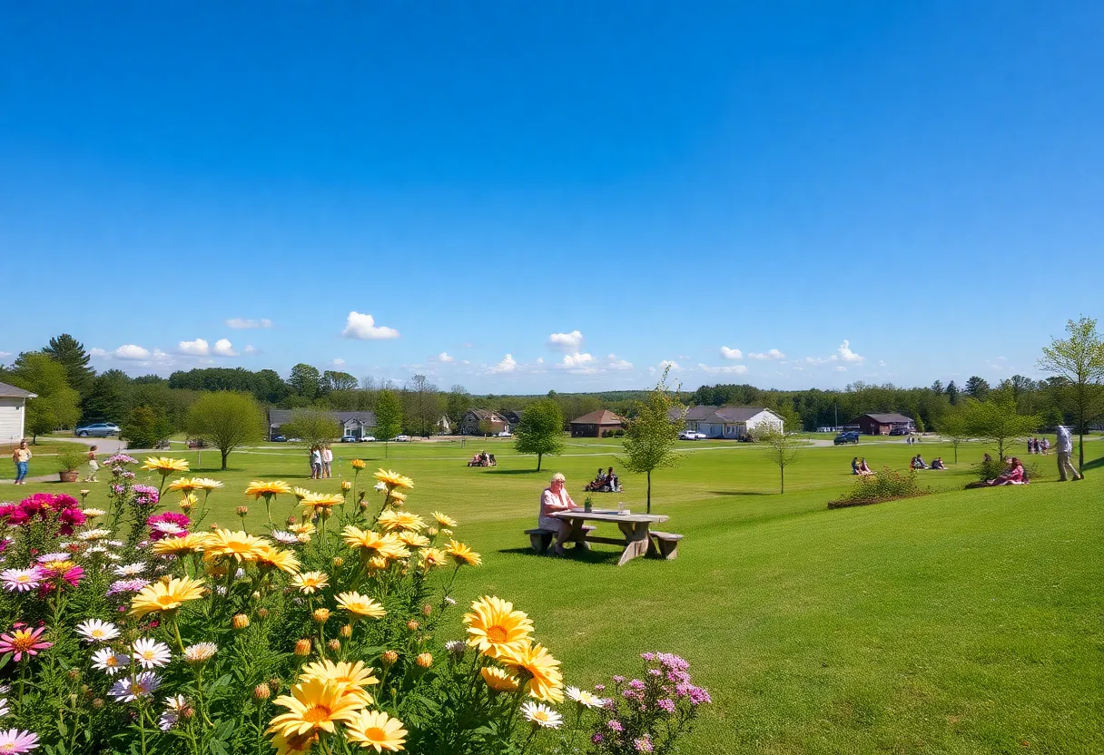 A sunny day in Greenwood, SC with clear skies and people outdoors.